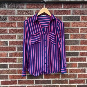 Express Navy Blue and Dark Pink The Portofino V neck Button Chiffon Top